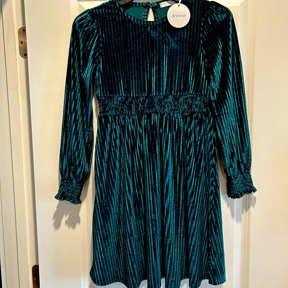 Arshiner girls long sleeve green velvet crew neck MIDI dress.